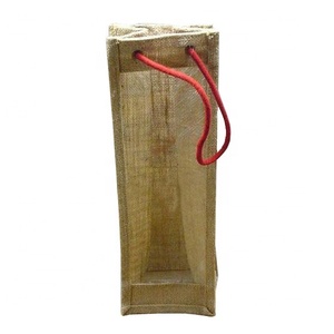 Sac fourre-tout à une bouteille avec poignée en corde de coton fenêtré, tissu de jute laminé PP, sac de transport de vin en PVC pour le shopping ou les cadeaux - Product Image 1