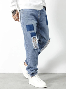 Tenue de luxe en denim pour hommes vente en gros personnalisée jeans de jogging à coutures déchirées pour hommes rue vent déchiré couture jeans pour garçons - Product Image 4
