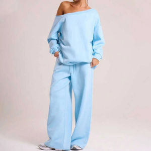 Ensemble de 2 pièces de vêtements de détente en polaire et coton éponge surdimensionné personnalisé pour femmes sweat-shirt respirant pantalon à jambes larges coupe avant à épaules amples - Product Image 6