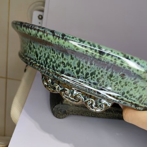 Pot à bonsaï artisanal de haute qualité en sable violet Yixing, émaillé vert neige, taille XL, avec pieds en forme de nuage - Product Image 2