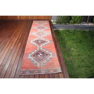 2.7x10.8 ft Rug, Turkish Rug, Vintage <b>Red</b> <b>Wool</b> Ombr Rug - Product Image 1