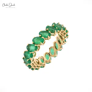 Comprar Genuine Alta Qualidade Oval Cut Verde Natural Emerald Anel 14k Ouro Amarelo Anel De Noivado Eternidade Wedding Band Para As Mulheres