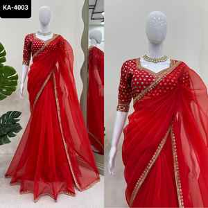 Blusa de trabajo de secuencia de hilo de seda de Organza pesada de diseñador hermoso indio con hilo y trabajo de secuencia de hilo de seda Mona Banglory - Product Image 5