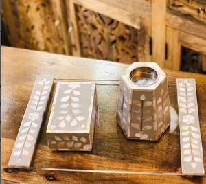 Juego de quemador de incienso árabe elegante hecho a mano bandeja acrílica con incrustaciones de perlas madre de lujo soporte Bakhoor de acero inoxidable para el hogar - Product Image 3