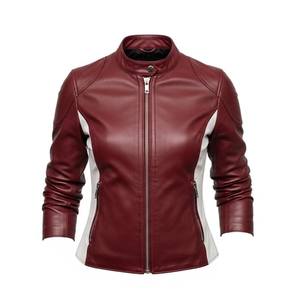 Veste de motard en cuir d'agneau véritable pour femmes, couleur marron et blanc, coupe ajustée - Product Image 1