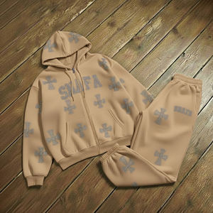 Custom Patchwork Applique Embroidered <b>Hoodie</b> And Sweatpants Set High Quality Rhinestone Tracksuits For Men - Product Image 1