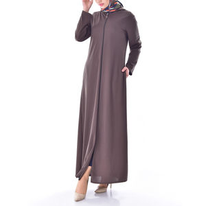 Robe en mousseline de soie de couleur unie abaya à manches longues avec fermeture à glissière personnalisée Abaya Dubaï pour femmes musulmanes avec poches pour les mains sur les côtés - Product Image 2