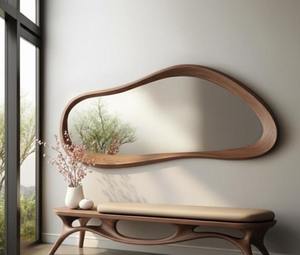 Premium Handmade Art <b>Deco</b> Walnut Wood Irregular Asymmetrical Wooden Frame Wall <b>Mirror</b> for Entryway - Product Image 3