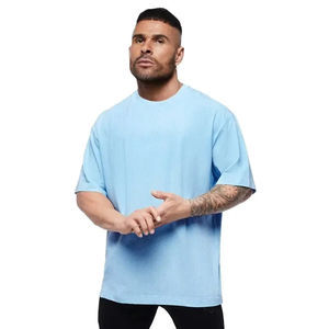 เสื้อยืดผ้าฝ้าย100% ไหล่ตกคอกลมสำหรับผู้ชายไซส์ใหญ่พิเศษถักพิมพ์ลายโลโก้โอเวอร์ไซส์ - Product Image 4