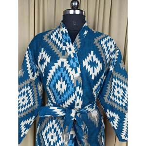 Cárdigan tipo bata de mezcla de lana de yak para mujer, con estampado de diamantes azules, cómodo para el invierno, estilo romántico, ropa de estar por casa con bolsillos, abrigo de casa tejido con diseño original - ODM - Product Image 2