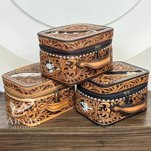 Western Designer Hand Tooled Cowhide Leather <b>Large</b> Capacity <b>Storage</b> Box Travel Organizer Makeup Cosmetic Vanity Case for Women's - Product Image 1