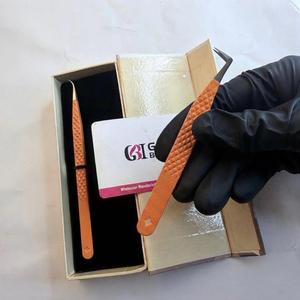 Ensemble de pinces professionnelles pour extensions de cils orange, en acier inoxydable, antistatiques, pointe lisse, 10 mm, poignée à grille diamantée de précision - Product Image 3