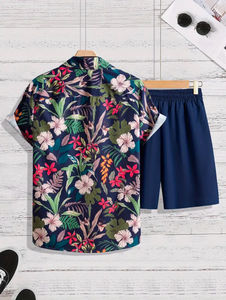 Conjunto de 2 Piezas de Ropa de Playa para Hombre, Manga Corta, Estampado Personalizado, Tela de Felpa, Informal, Transpirable, Secado Rápido, Talla Grande, Poliéster/Algodón - Product Image 2