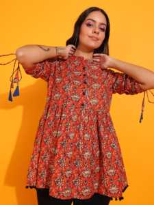 Kurti corto de algodón con estampado floral naranja para mujer, con cuello mandarín y mangas con cordón, estilo ajustado a la cintura, cómodo. - Product Image 3