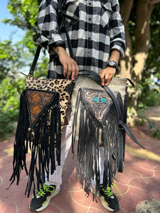Nuevo superventas cuero mecanizado a mano mujeres occidentales bandolera monedero pelo en piel de vaca flecos ocultar llevar bolso Buck Stitch monedero - Product Image 2