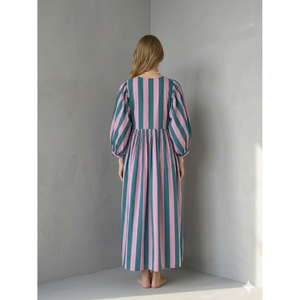 Grey Stripe Maxi <b>Elastic</b> Waist Collared Neck Woven Loose Breathable Solid Floor-Length Leisure Day Holidays Celebrations XL - Product Image 2