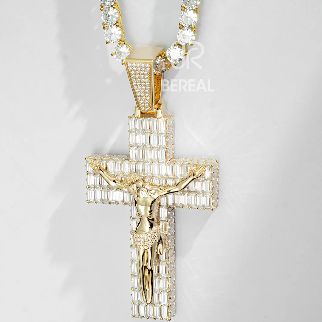 Colgante de Cruz de diamante de moissanita, joyería personalizada de plata de hiphop, VVS Baguette 10k 14k, oro sólido, OEM de fábrica