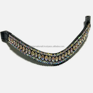 Produits équestres de qualité supérieure sur mesure 3 rangées de cristaux multicolores strass décoratif en cuir cheval front bande pour bride - Product Image 4