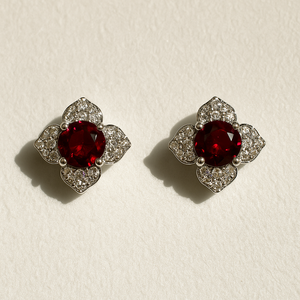 Red Garnet Floral CZ Halo Prong <b>Set</b> <b>Stud</b> <b>Earrings</b> Sterling <b>Silver</b> Rhodium Plated Women's Romantic Party Wedding Anniversary - Product Image 2