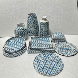 Ensemble de vases en mosaïque de coquillages modernes avec motif à pois bleus pour la décoration de la maison, design géométrique fait main - Product Image 3