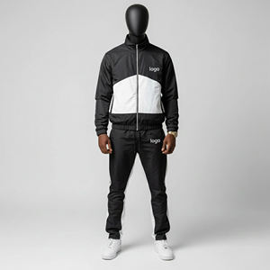 Ensemble de survêtement en nylon bicolore noir et blanc pour homme avec veste zippée à col montant et pantalon assorti à logo – Style décontracté streetwear - Product Image 2