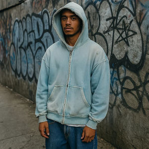 OEM Heavyweight Oversized Comfortable Cotton <b>Hoodie</b> Custom 450Gsm <b>Vintage</b> Washed Faded Full <b>Zip</b> <b>Up</b> Distressed <b>Hoodie</b> for Men - Product Image 4