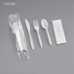 Fuling 250Set/Carton Disposable Medium Weight White Wrapped Plastic Cutlery Set with Napkin and Salt / Pepper Packets