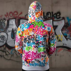 Sweat-shirt à capuche en molleton pour femme, motif artistique abstrait coloré, peinture chaotique, éclaboussures d'encre, graphique, néon, décontracté, coupe ample, devant - Product Image 2