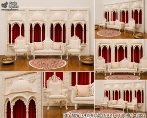 Scène de mariage élégante d'inspiration moghole avec toiles de fond en fibre, thème islamique luxueux, panneaux arrière en bois et ensemble de canapés - Product Image 6