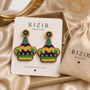 Pendientes Colgantes de Corona con Cuentas de Aleación de Zinc Hechos a Mano, con Patrón de Gancho en Morado, Amarillo y Verde, Joyería de Moda para Mujer - Product Image 2