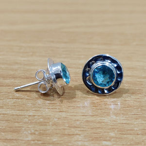 <b>Blue</b> Quartz Ball <b>Stud</b> <b>Earrings</b> 2.5 Grams Zinc Alloy Bezel Setting for Gift - Product Image 1