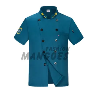 पुरुषों के लिए प्रीमियम गुणवत्ता वाला नीला शॉर्ट स्लीव शेफ जैकेट, डबल ब्रेस्टेड डिज़ाइन किचन कैटरिंग कुक कोट के साथ रेस्तरां वर्दी
