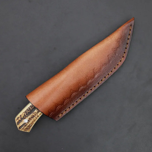Couteau de chasse artisanal en corne de cerf, lame pleine, avec étui en cuir - Product Image 6