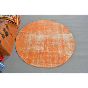 พรมตุรกีวินเทจขนาด 4x4.1 ฟุต, พรมทรงกลม, พรมขนสัตว์สีส้ม - Product Image 1