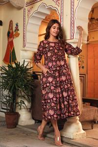 Robe boutonnée bohème Lyanna, imprimée à la main, en coton, marron, rose, robe d'été - Product Image 5