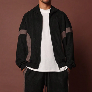 100% coton hiver solide noir marron panneau survêtement veste zippée pantalon assorti 2 pièces ensemble Logo personnalisé Streetwear vêtements de sport - Product Image 5