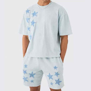 Conjunto de pantalones cortos bordados desgastados personalizados para hombre de alta calidad, 2 uds., esquema de varios colores, que incluye camisetas, medio logotipo con - Product Image 3