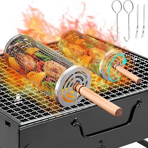 High Quality Stainless Steel 304 BBQ Grill Set Rotating Cage Heavy Duty Wood Handle Heat Resistant <b>Portable</b> 2-in-1 <b>Dishwasher</b> - Product Image 3
