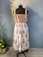 Robe midi d'été pour femmes en coton écologique fabriquée à la main en Inde, style Y2K, décontractée, à bretelles, imprimé à blocs, avec deux poches latérales