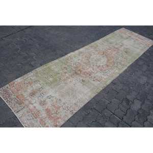 Vintage Rug, 3.1x10.3 ft <b>Runner</b> Rug, <b>Green</b> Brown Wool Rug - Product Image 3