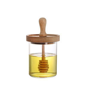 Tarro de almacenamiento de miel de vidrio único de 220ml con barra de miel y tapa de madera para uso en restaurantes al mejor precio - Product Image 2