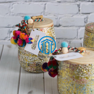 Tarro decorativo de bambú hecho a mano con borlas coloridas caligrafía árabe Ramadán Eid Gergean caja de regalo para dátiles nueces - Product Image 5