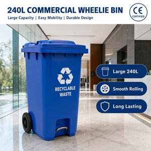Contenedor de <span class=keywords><strong>Basura</strong></span> Ecológico de 240L para Áreas Públicas Exteriores con Logotipo Personalizado, HDPE Resistente con Tapas, Tapón de Drenaje y Ruedas con Freno - Product Image 4