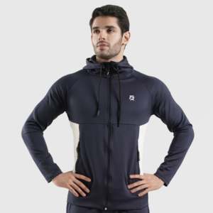Sudadera con capucha Exulting Navy con cremallera, 100% algodón, cortavientos, con gráfico personalizado serigrafiado y estampado de silicona, diseño forrado con patrón sólido. - Product Image 5