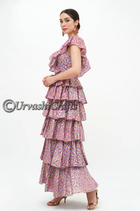 Elegante ropa de verano de moda Casual con cuello en V con detalle de yugo con volantes Vestidos largos de mujer con gancho trasero Cierre de ojos a granel - Product Image 3