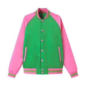 Blouson Bomber en Satin Vert et Rose Vif, Brillant, Style Fraternité Grecque, Streetwear, Imperméable, Réversible, Printemps, Varsity, Urbain, Bordures Côtelées - Product Image 3