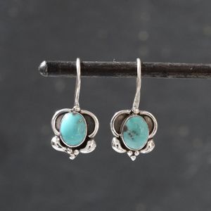New Blue Turquoise <b>Earrings</b> Bohemian Style <b>Earrings</b> 925 Sterling <b>Silver</b> Oval Shape Bezel Setting Turquoise <b>Hoop</b> <b>Earrings</b> - Product Image 1