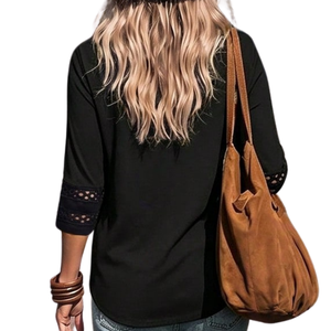 Haut décontracté noir à manches longues pour femme, col rond, coupe ample, avec détail de manches en dentelle, élégant, pour le quotidien - Product Image 4