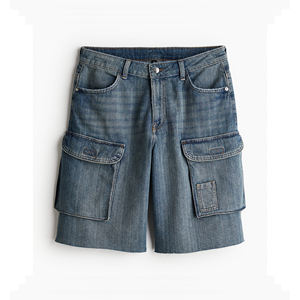 Pantalones cortos de mezclilla lavados con ácido de algodón de Color azul con estilo a la moda para mujeres pantalones cortos de mezclilla con múltiples bolsillos personalizados - Product Image 1