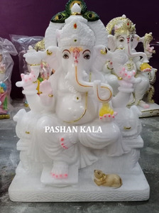 Escultura de Mármol Blanco Puro Hecha a Mano con el Diseño Más Atractivo del Dios Hindú Lord Ganesh Ji en Posición Sentada para Ídolos de Culto en Templos - Product Image 2